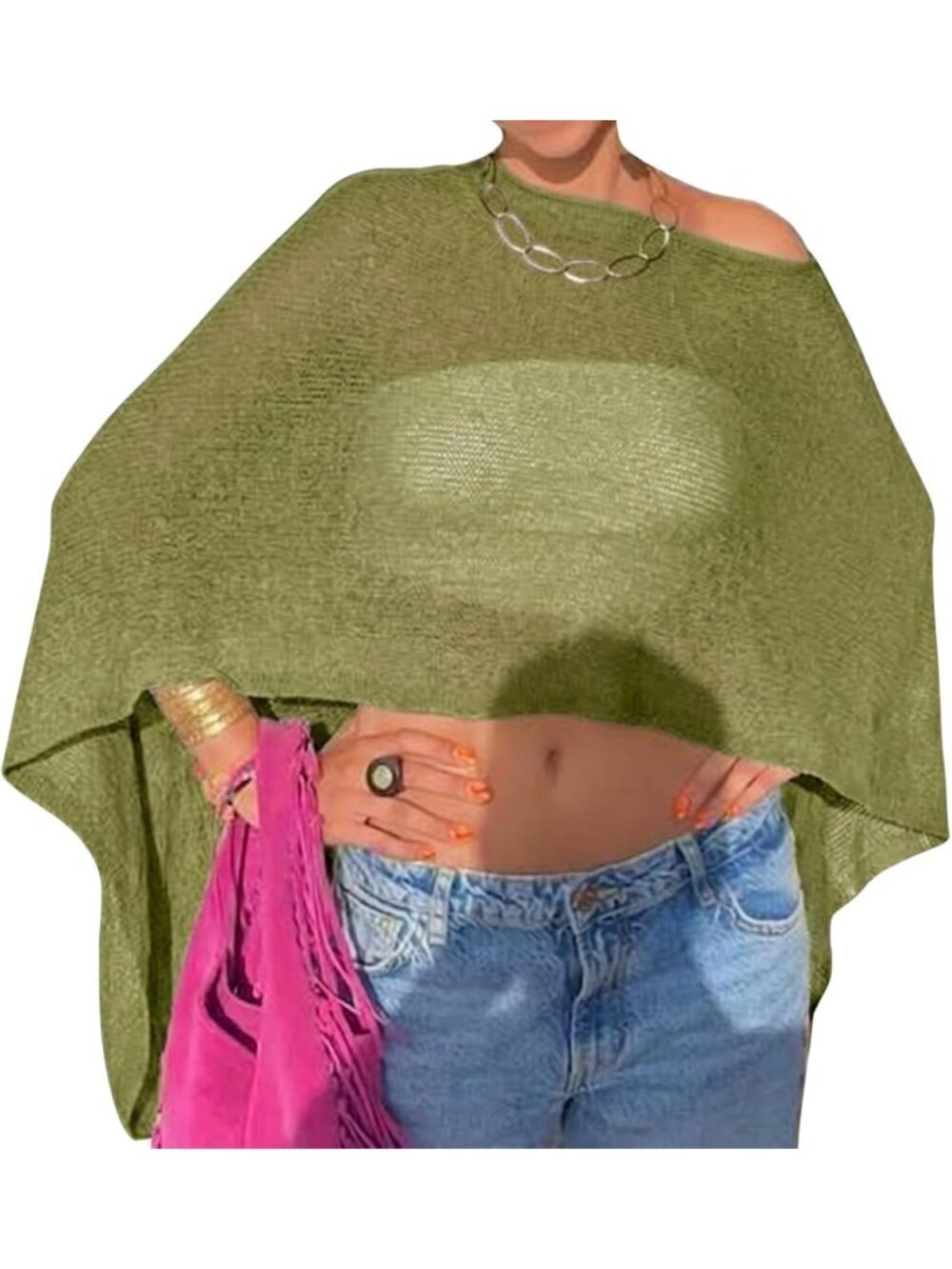 Women's Grass Green Sheer Poncho Top Knit Crochet Lightweight See Through Shawl